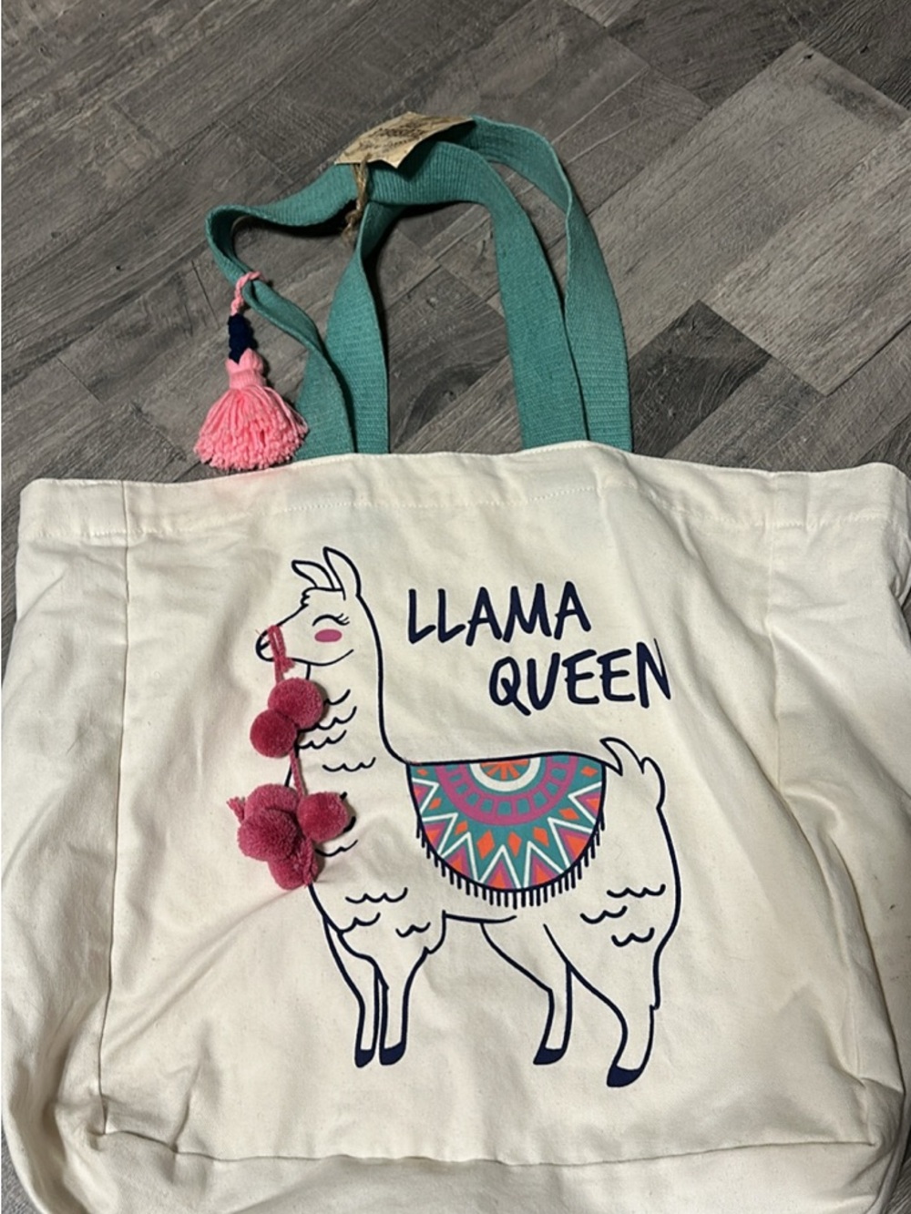 Llama Queen Canvas Tote Bag in Cream with Teal Handles